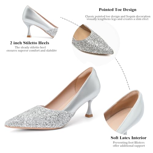 Silver Women's Kitten High Heels 2 Inch Sequin Pointed Toe Leather Pumps Comfortable Slip On Wedding Party Dress Stilettos Shoes Size 8.54