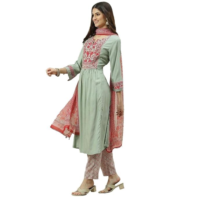 Image of BIBA Women Rayon Viscose Gathered Solid Suit Set