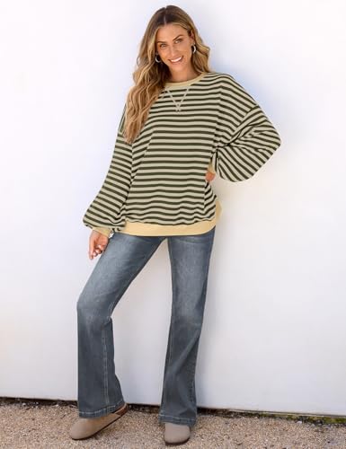 Image of UEU Women Oversized Striped Crewneck Sweatshirt Long Sleeve Color Block Pullover Tops Casual Loose Workout Shirt