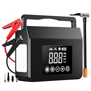 Hieha 4000A Portable Jump Starter with Air Compressor, 12V Car Battery Power (All Gas 8L Diesel) with 150PSI Tire Inflator 15000mAh PowerBank & Quick Charge, Flashlight, Emergency Kit for Car, Truck
