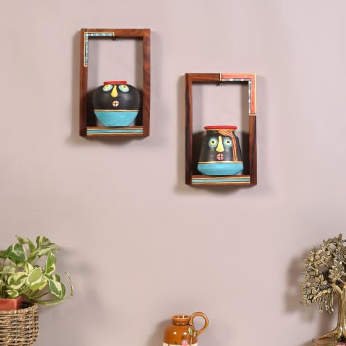 Image of AAKRITI ART CREATIONS Handcrafted Sheesham Wood Wall Shelves with Terracotta Pots for Home Decor | Wooden Floating Shelf | Living Room Decoration | Indian Handicraft