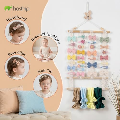 Image of HASTHIP Wooden Wall Hanging Hair Accessories Organizer Boho Macrame Baby Hair Clip Organizer for Girls Bow Holder Headbands Baby Clips Nursery Storage Display with Lace Strips for Kids Room Decor