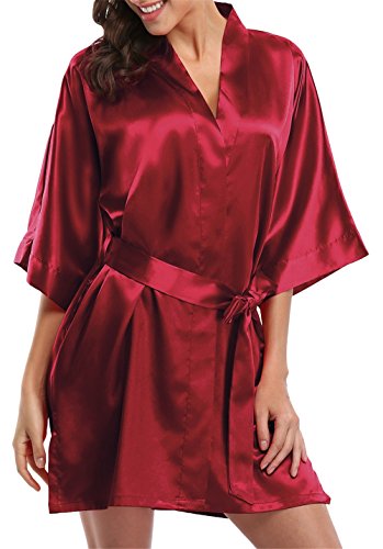 Giova Pure Color Satin Short Silky Bathrobe Sleepwear Nightgown Pajama,Wine Red,XX-Large