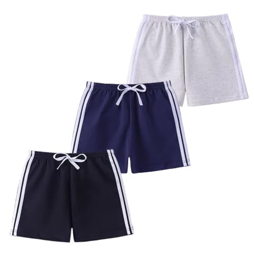 FedMois Boys' Summer Shorts Cotton, Pack of 3, Black, White and Grey, 6 Years