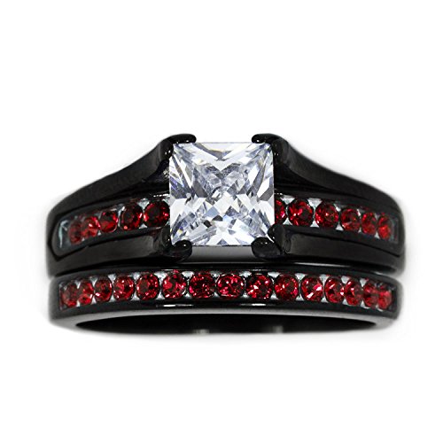 Panvisionary Engagement Ring Set Black and Red Thin Red Line 2 Ring Design (10)