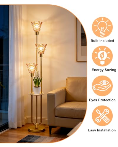 Image of 3-Light Modern Glass Floor Lamp with Shelf, Gold Tall Standing Lamp with Amber Flower Glass Shade, LED Floor Lamp with Foot Switch& 5Lbs Heavy Base for Living Room Bedroom, Bulb Included
