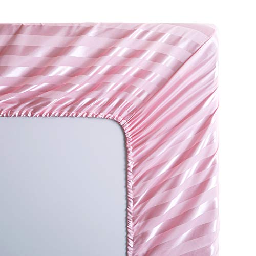 Image of Lanest Housing Satin-Silk Sheets Twin XL Size Bed Set, Pink Soft Cooling Deep Pocket Sheets, Hypoallergenic, Wrinkle and Fade Resistant Bedding Set, Striped
