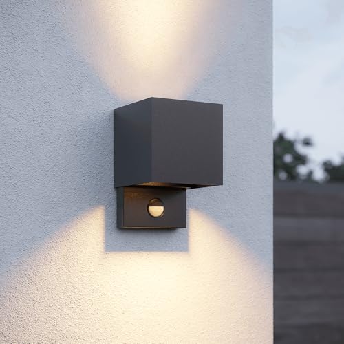 HOFTRONIC - Kansas LED Wandleuchte Außen mit Bewegungsmelder & Dämmerungsschalter – Up & Down Wandlampe, Einstellbarer Lichtstrahl, IP65, 7W 3000K Warmweiß, Außenleuchte für Haus, Terrasse & Garten