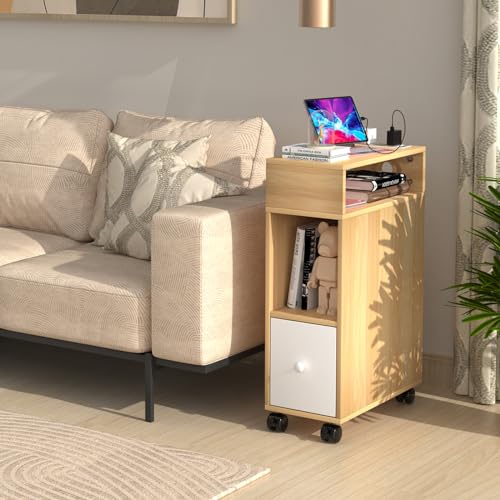 PIPIPOXER Table de Chevet, Tables d'appoint avec Prise de Courant, Blanche, avec 2 tiroirs et 1 étagère Ouverte, Tables de Chevet avec roulettes pour Salon,...