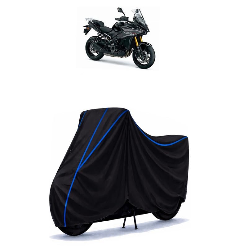 Image of Suzuki GSX S 1000 GX Plus Bike Cover Water Resistant Universal Motorcycle Rain | Heavy Duty UV Protection, Dust, Scratch Indoor Outdoor All Weather with Black Blue Piping Elastic