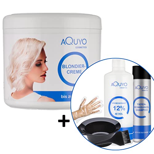Blondiercreme Set mit Cremeoxydant 12% (500ml) + Handschuhen, Färbeschale, Färbepinsel und Tiefenreinigungsshampoo - zum blondieren oder aufhellen der Haare | Blondierung bis zu 9 Stufen heller weiß