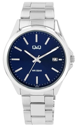 Q&Q Reloj de hombre de acero inoxidable, correa de eslabones de 5 bar, analógico, cuarzo, Plateado Azul