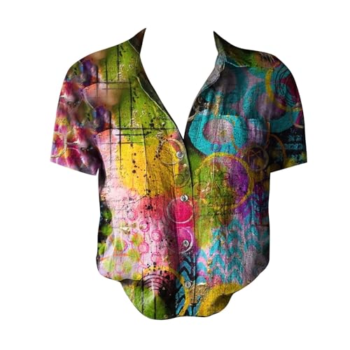 Women Linen Blouses 2025 Women Cotton Shirt Printed V Neck Button Down Shirts Casual Tops Short Sleeve Blouse Casual2