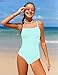 WIQI Girls Bathing Suits Size 8-10 Girls One Piece Swimsuits Cyan Color Contrast Trim Kids Swimwear with Cover Up Skirt