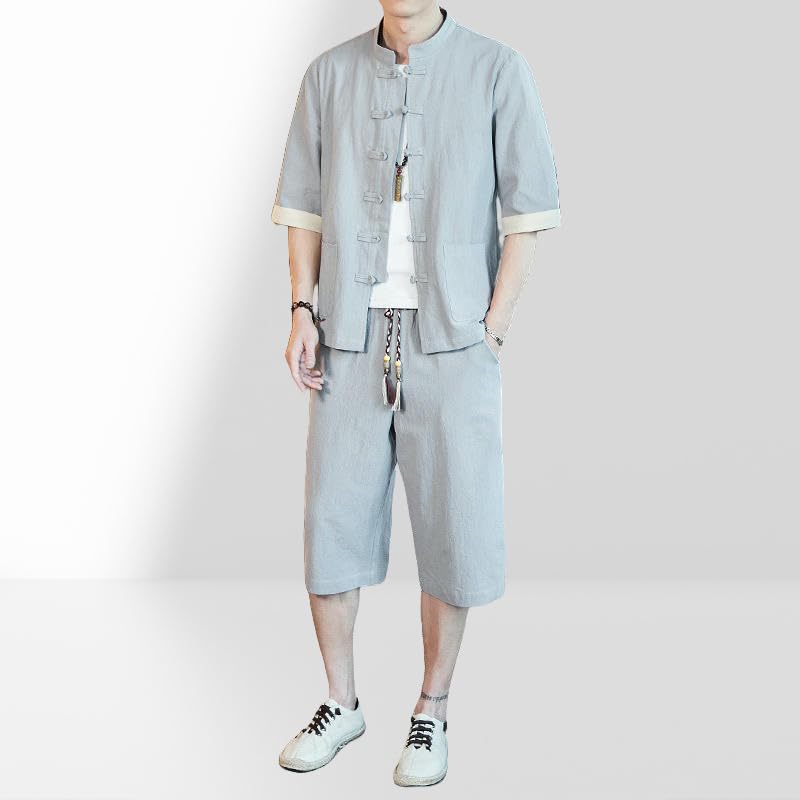 Ensemble coton lin homme style chinois aux finitions soignées - 2