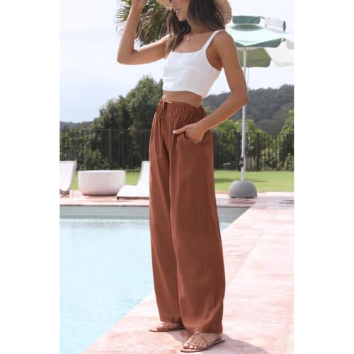 Image of Duyang Womens Cotton Linen Palazzo Pants Drawstring Elastic Waist Casual Wide Leg Trousers with Pockets