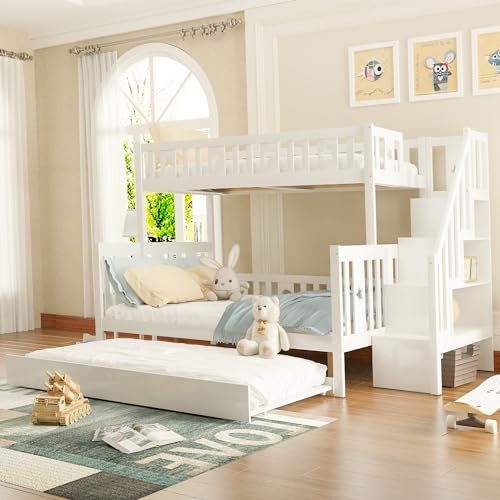 Moimhear Litera de 90 x 200/140 x 200 cm, litera de madera maciza con escalera de seguridad, cama plegable y somier