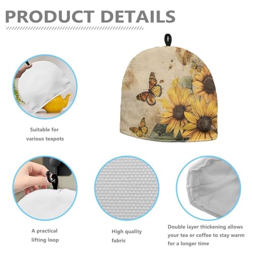Image of Hudotybom Retro Sunflower Tea Cozy for Teapot Insulated Vintage Sunflower Wadding Tea Cozies Covers Fit 1 to 6 Cup Kitchen Textiles Warming & Insulating Kettle Cover for Home Table Decor