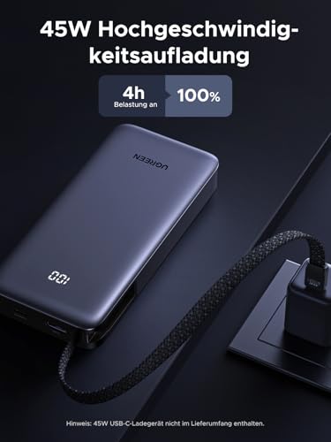 UGREEN Power Bank, 20000mAh 45W Schnellladen mit Integriertem USB-C Kabel & Bidirektionalem 45W PD, Externe Handyakkus Kompatibel mit Galaxy S25 Ultra/S25+, iPhone 17/16 Serie, iPad, Laptop und mehr 5
