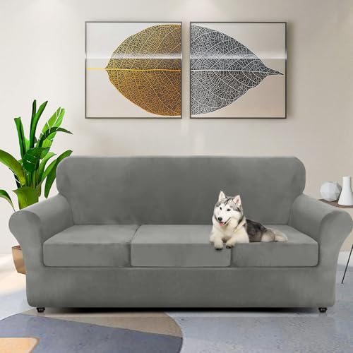 Znsayotx NBT-001 Luxury Velvet Couch Cover 4 Piece Stretch Sofa Covers For 3 Cushion Couch Thick Soft Spandex Sofa Slipcover Living Room Anti Slip Dogs Pet Furniture Protector thumb #2