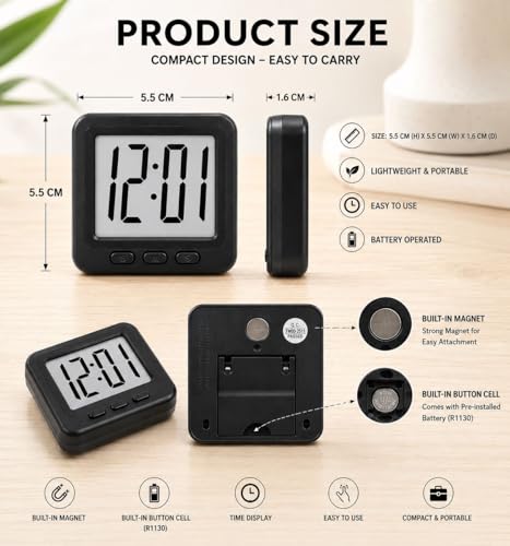Image of Mini Digital Magnet Clock 6cm Pocket Size Magnetic Back for Fridge,Kitchen,Room,Office Black Colour