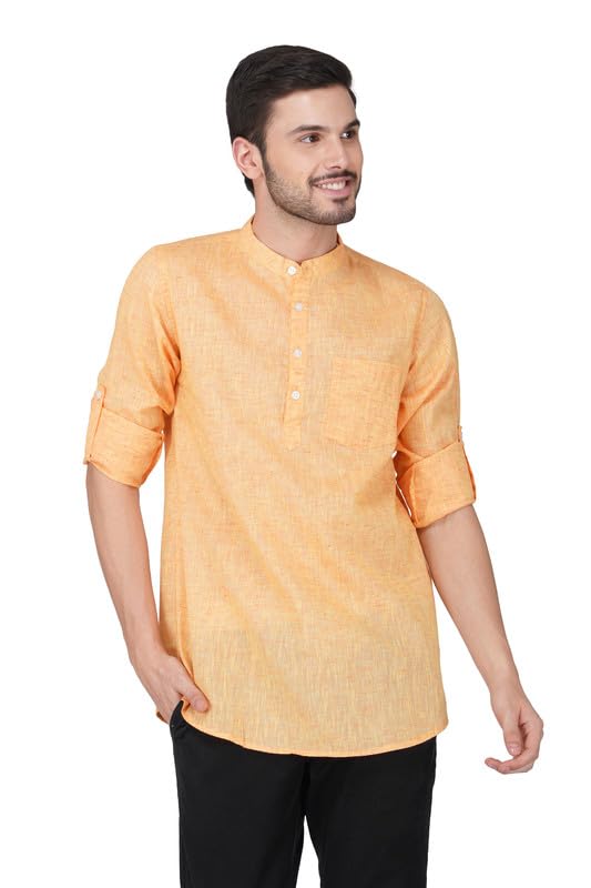 Image of Vastraa Fusion Men's Handloom Weaving Pure Cotton Short Kurta, Round Collar, Full Sleeves,Button Kurta, Ethnic Wear