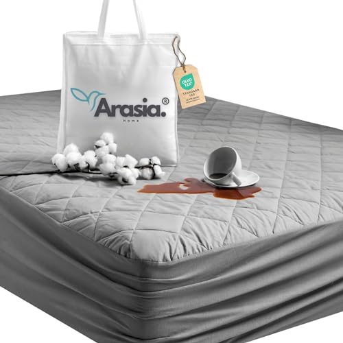 ARASIA Matratzenschoner 90 x 200 cm grau & Spannbettlaken 2in1 Baumwolle...