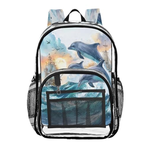 Ship Dolphin Ocean Clear Backpack Heavy Duty See Through Transparent PVC BookBag for Kids Boy Girl School Work
