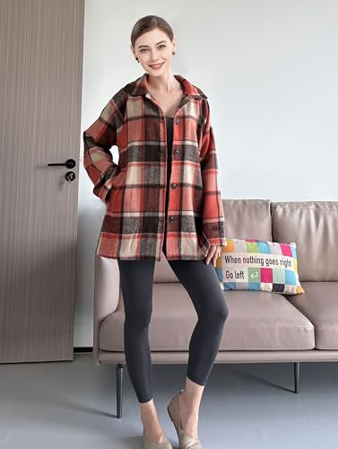 Minibee Women's Flannel Plaid Shacket Long Sleeve Jacket Button Down Shirts Coats with Pockets2