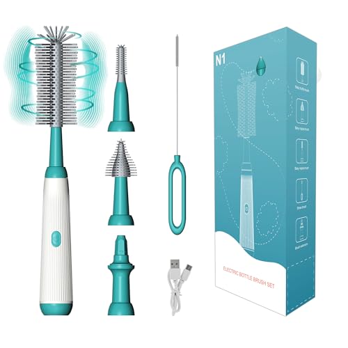 Image of Electric Bottle Brush Cleaner Set with Baby Bottle Brush 4-Piece,Bottle Brush,Nipple Brush,Straw Brush and Extension Handle,USB Rechargeable,Gift for Pregnant Women and New Moms (Green)
