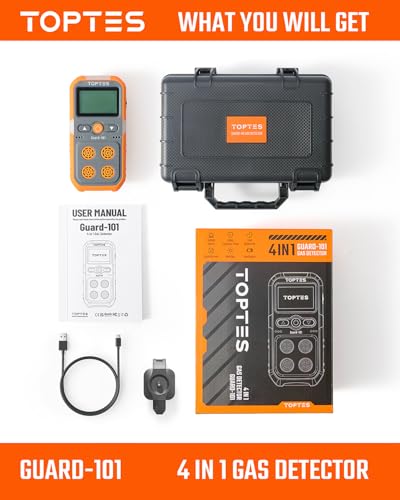 TopTes Guard-101 Gas Detector, 4 Gas Monitor for H2S, CO, LEL and O2, with Vibration, Visual and Audible Alarms, 14h Long Battery Life, Safety Explosion-Proof, for Work, Home - Orange