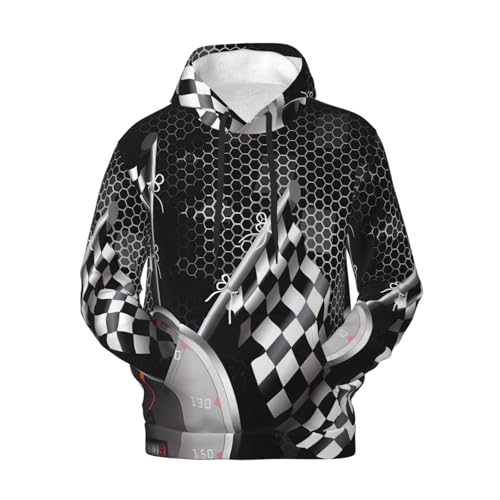 Men's Fleece Pullover Hoodies, Checkered Flag Racing Printed Casual Drawstring Hooded Sweatshirts
