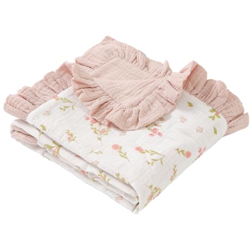 Image of PEIPEIWU Flounce Muslin Baby Blanket - Cotton Quilt Blankets for Toddlers - Reversible Nursery Crib Blanket for Baby Boys and Girls 36"x40" (Pink)