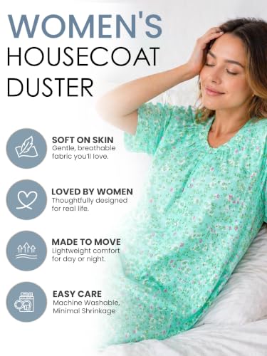 Image of Casual Nights Women's Snap - Front House Dress Short Sleeve Woven Housecoat Duster Lounger Robe with Pockets