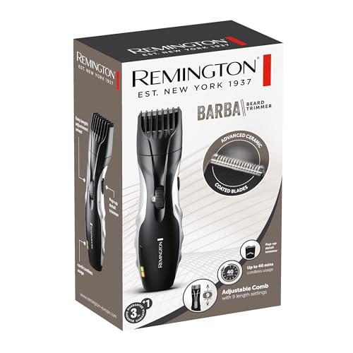 Remington Barttrimmer Herren [selbstschärf. Keramik Klingen/0,4-18mm] Bartschneider Set (Einstellrad mit 9 Längeneinstellungen ab 1,5mm, Netz-/Akkubetrieb, LED Ladeanzeige, Langhaarschneider) MB320C