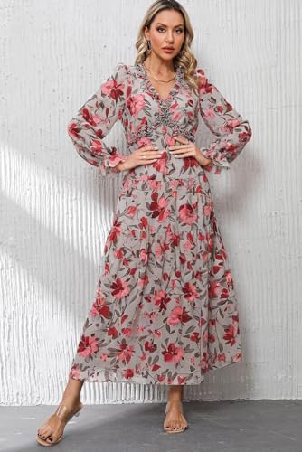 Image of BLENCOT Womens Casual Boho Floral Printed V Neck Long Sleeve Long Maxi Dress Spring Summer Dresses