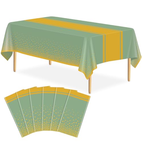 Image of 6 Pack Sage Green and Gold Tablecloth Party Decorations Plastic Sage Green Tablecloth Printed Gold Table Runner 54 x108 Inch Disposable Rectangle Table Cover for Birthday Wedding Graduation