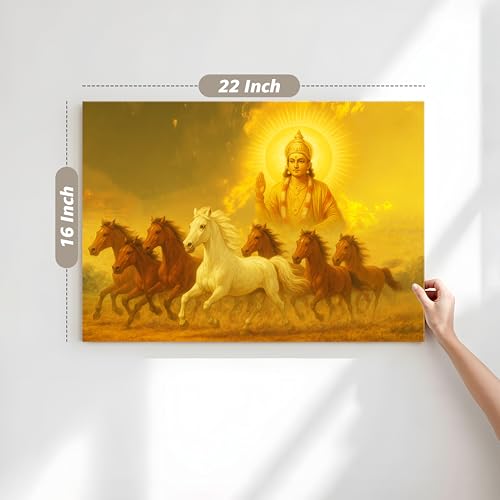 Image of Shurya Dev 7 Running Horses Canvas Wall Art Painting With Frame For Living Room Seven Horse Vastu Feng Shui Framed Painting Positive Energy Wall Art For Home, Office, (16x22 Inch)