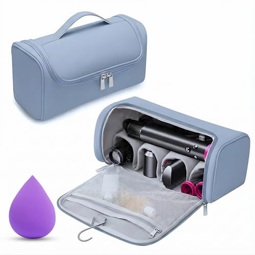 Image of OCEANEVO Travel Pouch for Airwrap Styler WITH Makeup Sponge, Storage Organiser Bag for Airwrap Attachments with Hanging Hook (Bag Only) - 31 x 14 x 16 Cm - Sky Blue - 1 Year Warranty