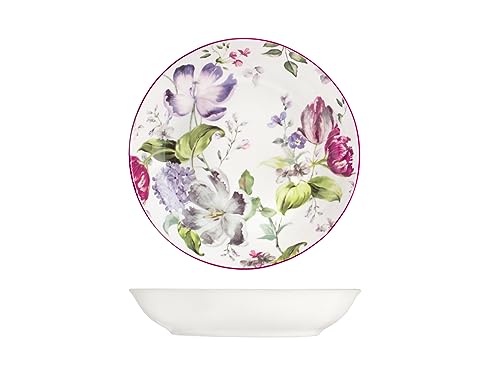 H&H Madam Set 12 Piatti Fondi, Porcellana, Decoro Floreale, Bianco, 21cm