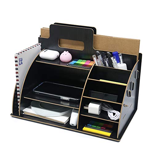 Homentum Wooden Office Desk File Organizer, Tool-Free DIY Document Storage Organizer for Desktop Stationary Accessories, Home Office Supply Accessories, Students Desk Dividers(No Drawer|Black)