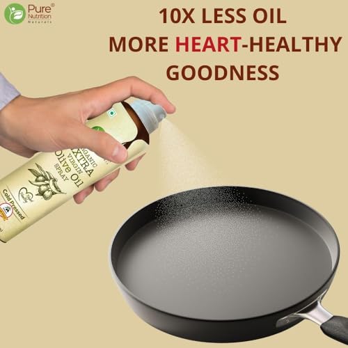 Image of Pure Nutrition Olive Oil Cooking Spray 400ml (200ml X 2)| 100% Organic, Extra Virgin, Cold Pressed, Natural; Cook Healthy with 10X LESS Oil | Ideal for Dressing, Baking, Air-Frying | Good for Skin, Hair & Massage