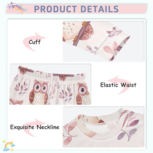 Fustylead Cute Watercolor Owl and Leaves Pajamas Cotton Sleepover PJ Set Long Sleeve Lounge Wear4