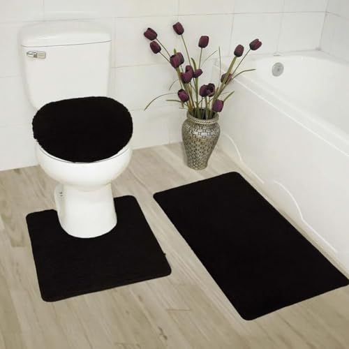 Weiches Mikrofaser-Badezimmerteppich-Set, 3-teilig, Badematte + Konturmatte + Toilettensitzbezug, rutschfester Badezimmerteppich, geeignet für die meisten Toiletten (schwarz) – Bild 3