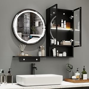 YOURLITE Spiegelschrank Bad mit LED-Beleuchtung 90x70x13cm, Badezimmerschrank mit Rund Spiegel und Ablage, Badezimmer Spiegelschrank, Touch-Sensor, 3 Lichtfarben Dimmbar, Anti-Beschlag, Schwarz