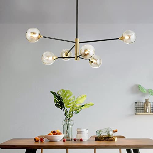 Bokt Mid Century Modern 6-Lights Globe Sputnik Chandelier Pendant Amber Glass Globe Round Chandelier Gold Black Flush Mount Ceiling Light Kitchen Island Chandelier Lamp #TOP12