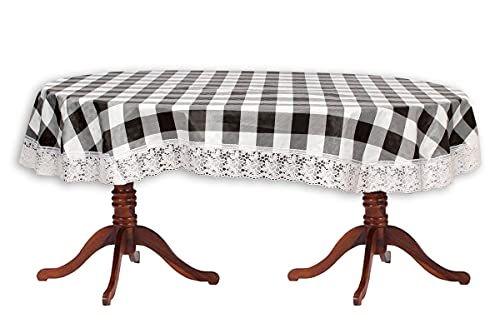 Image of The Furnishing Tree Waterproof PVC Oval Shaped 8 Seater Table Cover WxL 60x90 inches Gingham Pattern Black & White with White Border lace