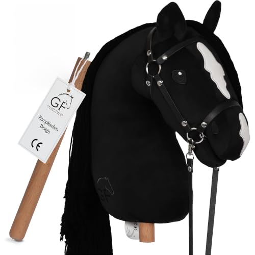 GaloppFreude® Hobby Horse Pferde Schwarz – Großes A3 Steckenpferd mit Schraubstab & Trense – Hobby Horsing Pferd zum Reiten für Kinder & Stockpferd mit Langer Mähne – Inkl. Horse Zubehör (Schwarz)
