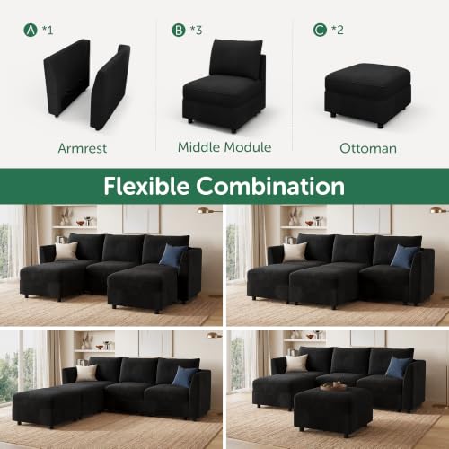 Image of HONBAY Modular Sectional U Shaped Sofa with Storage,Black