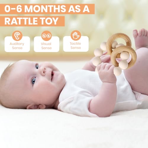 Image of Socub Baby Teething Toys for 0-6 6-12 Months- BPA-Free Food-Grade Silicone & Natural Beech Wood Teether Ring for Newborn Infants Teething Relief- Easy-Grip Sensory Rattle Toys(Shifting Sand)